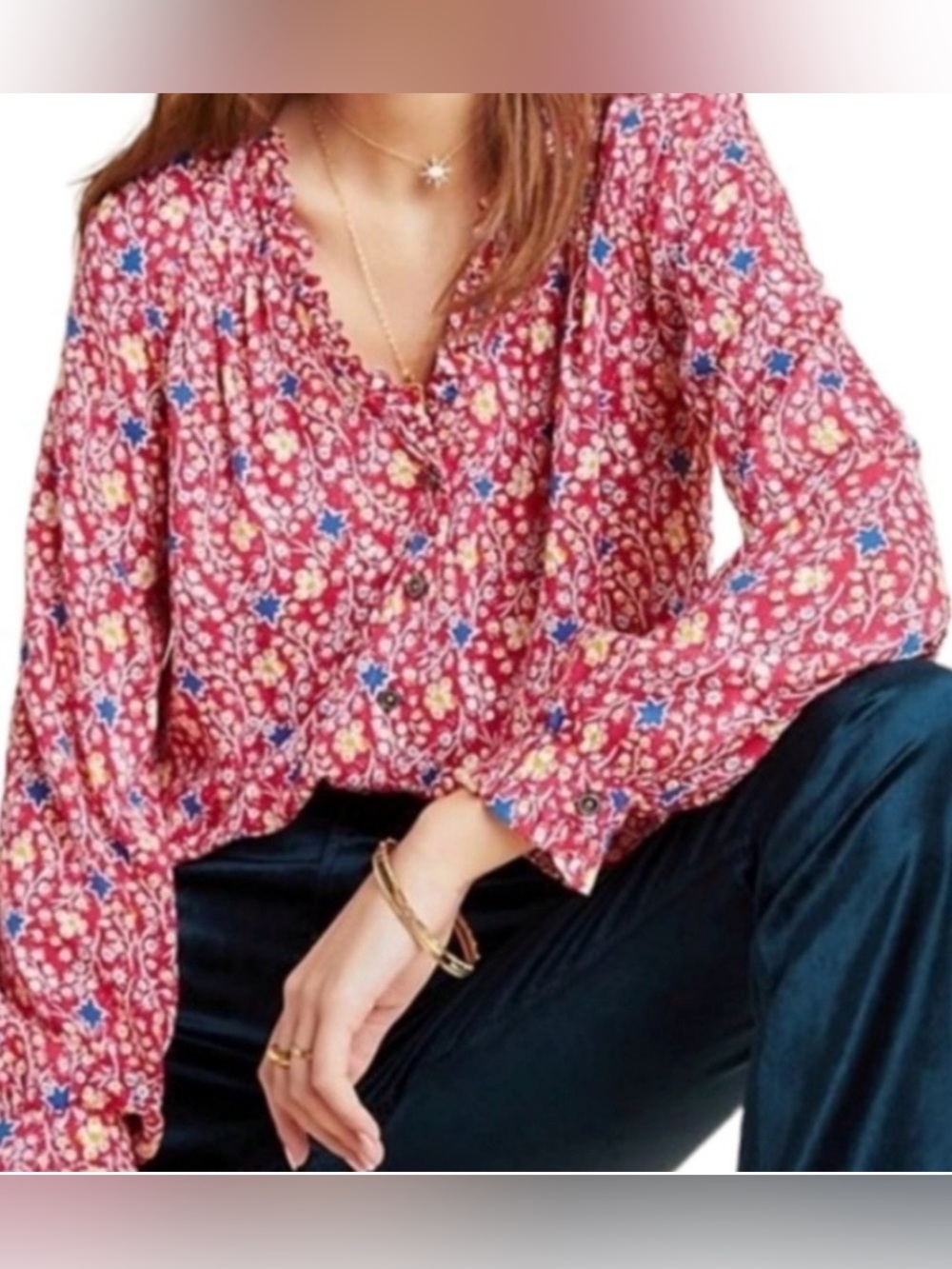 Maeve Marisol Button-Front Blouse with Yellow and Blue Floral and Star  Print S2